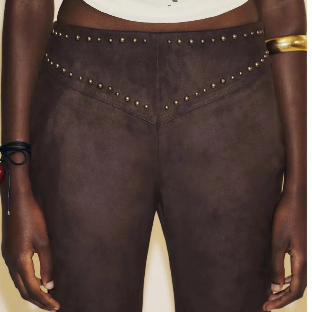 Zara NWT brown studded faux suede embellished pants